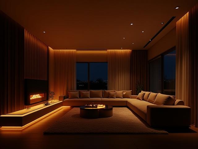 温かい光で満たされたモダンな住宅のリビング