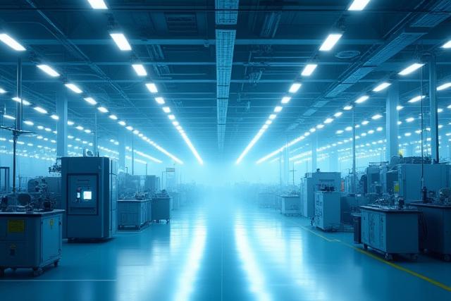 明るくLED化された近代的な工場内部。清潔感と高効率な稼働を示唆するシーン。