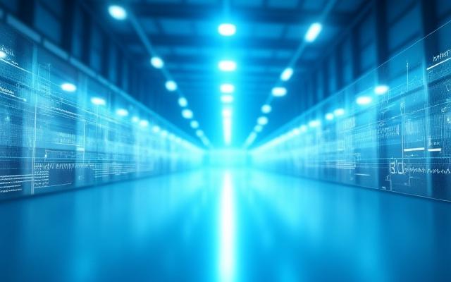 最新のLED照明が並ぶ広々とした工場で、光がエネルギー効率を計算するようなデジタルインターフェースのオーバーレイが見えるイメージ。