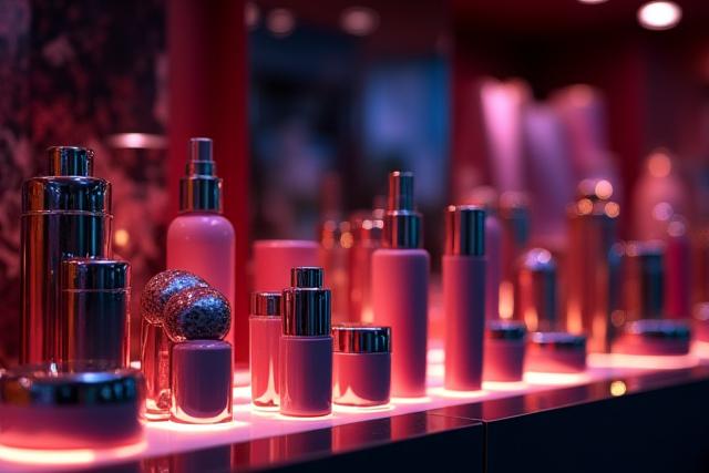 高演色LEDで商品が鮮やかに照らされた高級感のある小売店舗の陳列棚。