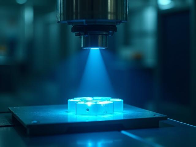 工場の検査ラインで特定の波長を放つ特殊な光源が製品を照らしている