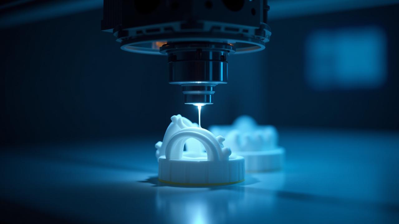 高性能3Dプリンターが稼働し、精密な照明部品を造形している様子