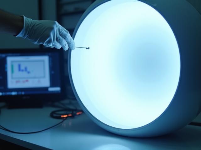 積分球測定器の内部で光源が測定されている様子。専門家がデータを確認。