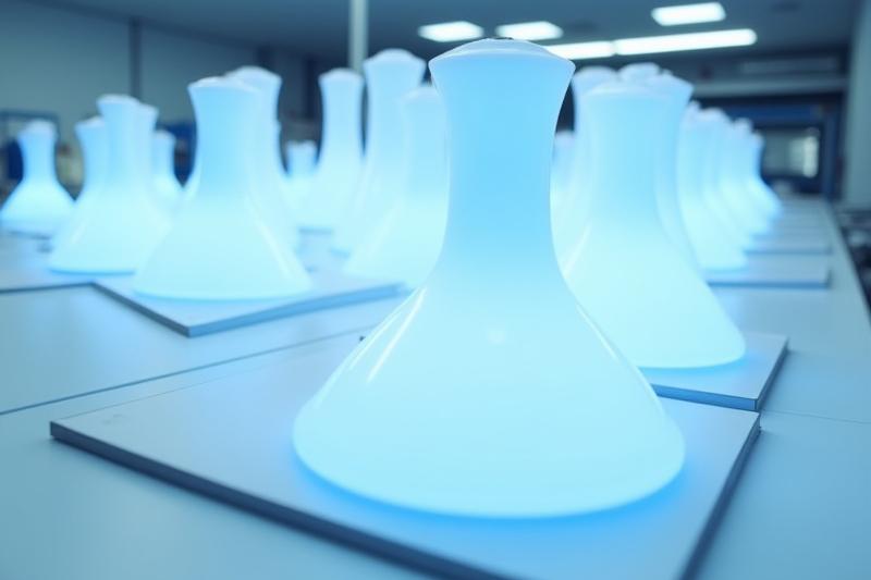 試作された照明器具が整然と並べられ、小ロット生産ラインの風景