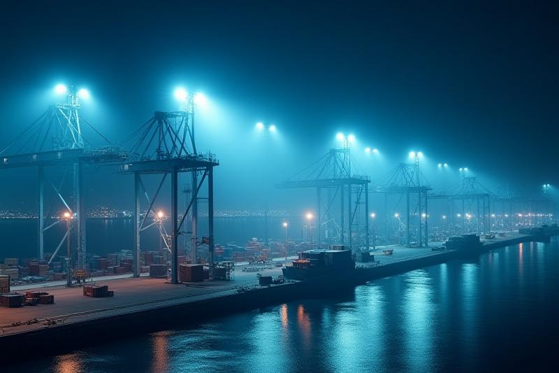 夜間操業する港湾コンテナヤードのガントリークレーンを照らす高出力LED投光器