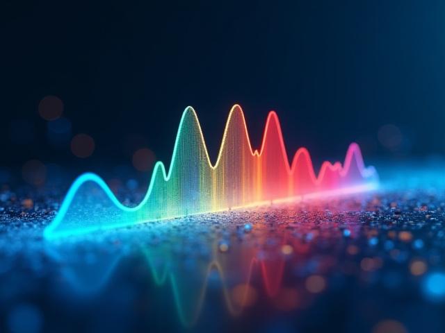 分光分布グラフ。可視光スペクトル全体で均一な光出力を示し、特に赤色の再現性が高いことを強調。